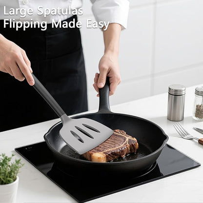 Coukre 3 Pack Silicone Spatula Set, High Heat Resistant, BPA-Free, Fish Spatula, Solid & Slotted Turner for Non-Stick Pans, Flipping Eggs, Pancakes, Fish, Burgers (3, GrayBlack) - Image 3