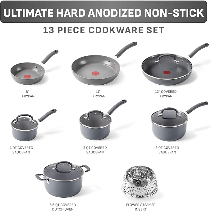 T-Fal Ultimate Hard Anodized Nonstick 13 Piece Cookware Set, Oven Safe Up to 400°F, Pots and Pans Set, Includes Frying Pans, Saucepan, Stockpot, Cooking Utensils, Stone - Image 2