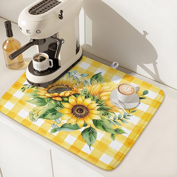 Spring Summer Dish Drying Mat 16x18 Inch Absorbent Reversible Sunflower Drying Mat Summer Sunflower Dish Drying Rack Mat Yellow Summer Themed Dish Drainer Mat for Kitchen Counter Coffee Bar