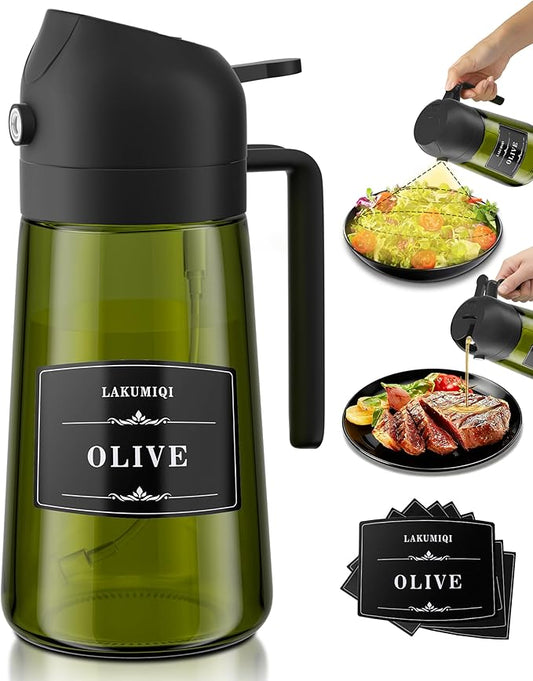 LAKUMIQI 2 in 1 Oil Sprayer for Cooking, 16oz Olive Oil Dispenser Bottle for Kitchen, Food Grade Light-Blocking Leak Proof Glass Spray Bottle for Salad, Air Fryer, BBQ by LAKUMIQI