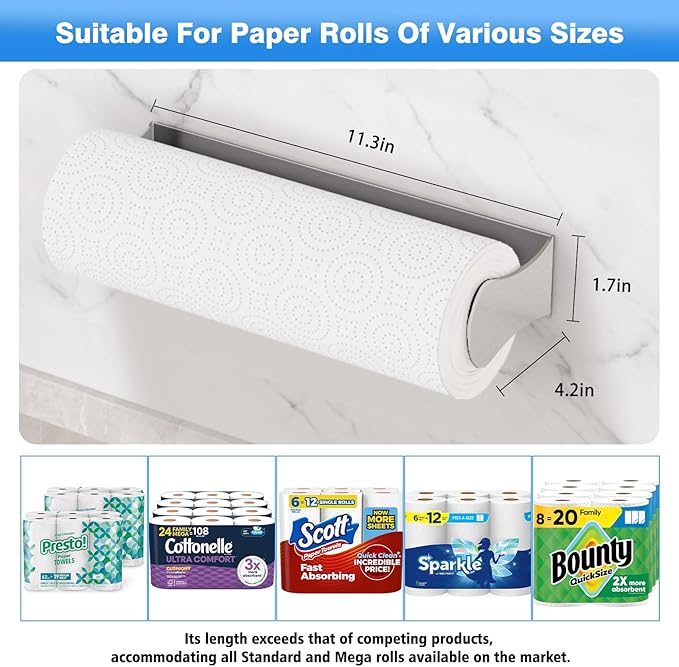 Paper Towel Holder Under Cabinet, Stainless Steel, Silver, Adhesive & Wall Mount, Under Counter Paper Towel Rack for Kitchen and Bathroom, Home and Kitchen Decor - Image 5