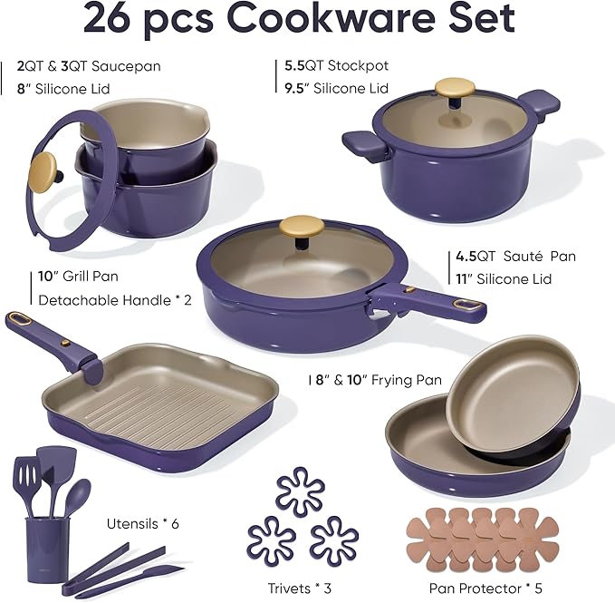 CAROTE 26 Pcs Pots and Pans Set, Nonstick Cookware Sets with Detachable Handle, Purple Dishwasher Safe, Oven Safe, Cookware Non Stick Cooking Set w/Frying Pans & Saucepans(PFOS, PFOA Free) - Image 2