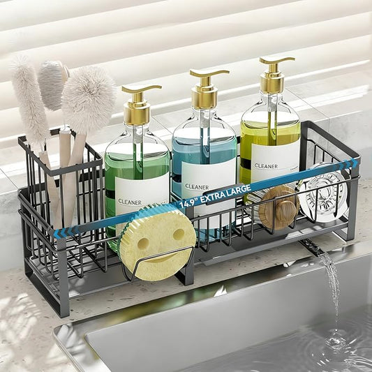 Aurblozen Extra Large Extendable Sponge Holder for Kitchen Sink, Rustproof Sink Caddy Organizer with High Brush Holder, Dish Soap Dispenser Organizers and Storage (Gray) by Aurblozen