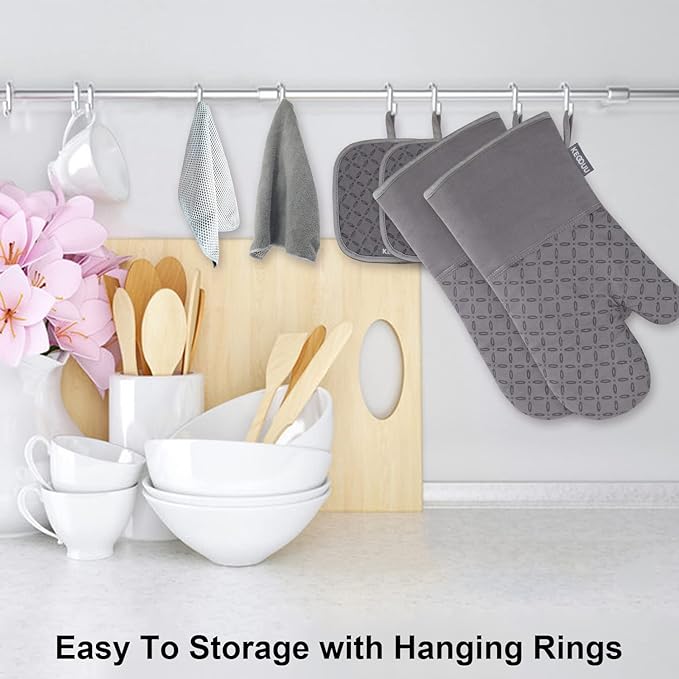 KEGOUU Oven Mitts and Pot Holders 6pcs Set, Kitchen Oven Glove High Heat Resistant 500 Degree Extra Long Oven Mitts and Potholder with Non-Slip Silicone Surface for Cooking (Grey) - Image 7