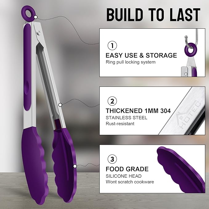 HOTEC Premium Stainless Steel Locking Kitchen Tongs with Silicon Tips, Set of 2-9" and 12" (Purple) - Image 4