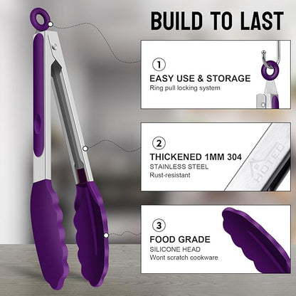HOTEC Premium Stainless Steel Locking Kitchen Tongs with Silicon Tips, Set of 2-9" and 12" (Purple) - Image 4