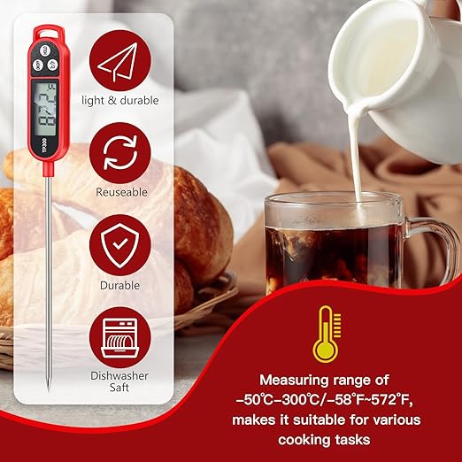 Copkim 12 Pcs Meat Food Thermometer Food with Probe Water Liquid Instant Read Digital Thermometer Kitchen Cooking Supplies for Cooking BBQ Milk Yogurt (Red) - Image 6