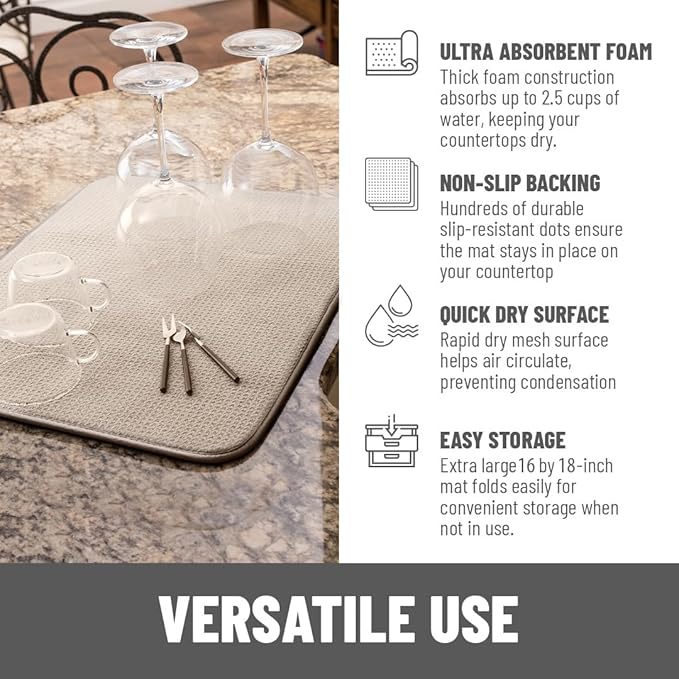Bellemain XL Dish Mat Microfiber Dish Drying Mat, Super absorbent (Light Grey, 16" x 18") - Image 4