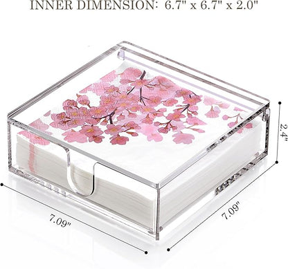 DINGHUO Acrylic Napkin Holder, 7"x 7"x 2.4" Flat Luncheon Napkin Dispenser with Lid, Clear Flip-top Waterproof Paper Napkin Container Organizer for Table, Kitchen, Indoor & Outdoor, Bathroom Vanity