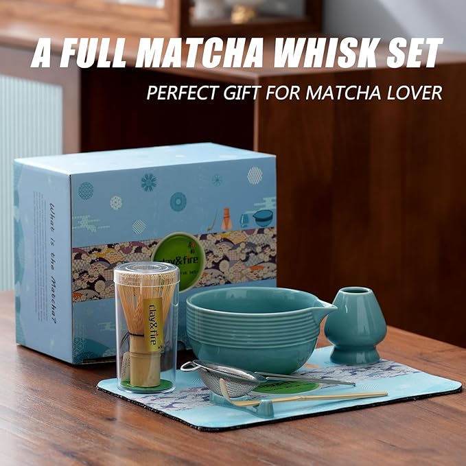 Clay&Fire Matcha Whisk Set, Ceramic Matcha Set, Matcha Bowl with Spout and Whisk, 9 pcs Matcha Tea Kit for Matcha Lovers, Ideal Gift Christmas, Birthday (Blue) - Image 9