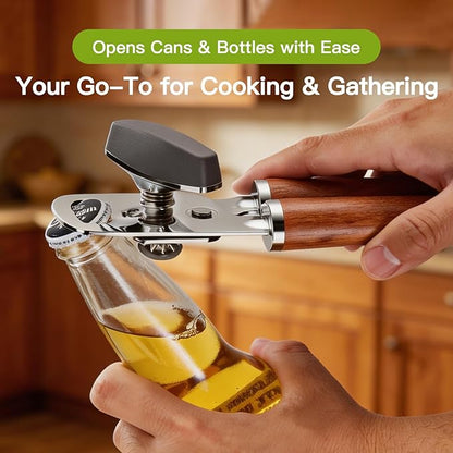 KULUNER Manual Can Opener with Solid Rosewood Handle, Large Easy-Turn Knob, Sharp Stainless Steel Blade, Handheld Design for Arthritis & Seniors - Also Opens Bottles (Rosewood Finish)