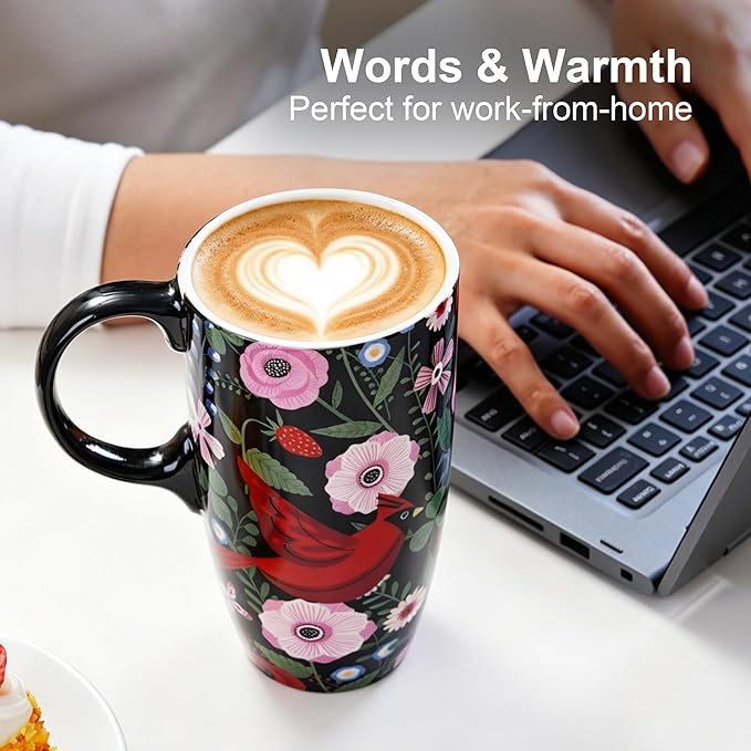 Topadorn Ceramic Coffee Mug, Porcelain Latte Travel Cup with Lid and Handle, Large Coffee Mug for Men Women Office Work, Red Cardinal Birds-17oz