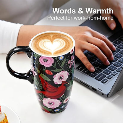 Topadorn Ceramic Coffee Mug, Porcelain Latte Travel Cup with Lid and Handle, Large Coffee Mug for Men Women Office Work, Red Cardinal Birds-17oz