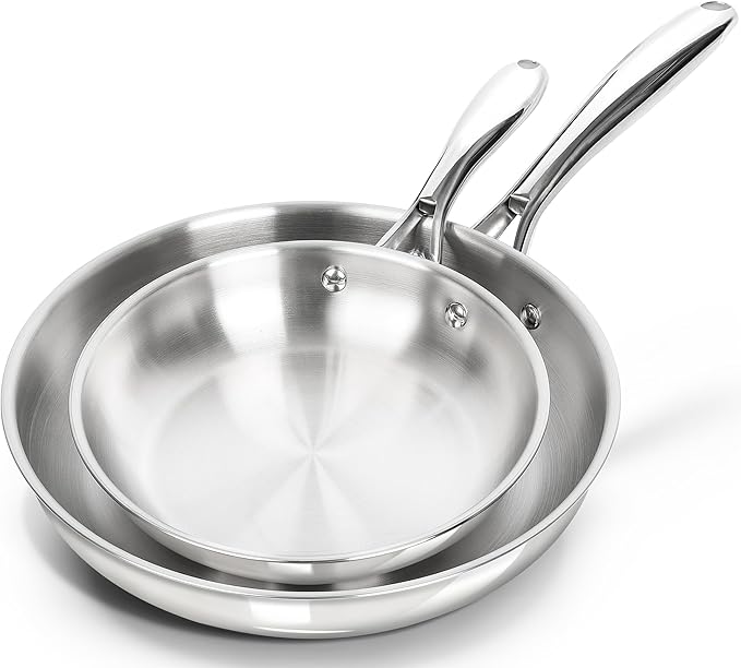 MICHELANGELO Stainless Steel Frying Pan Set, 8" 10" Cooking Pan set with Triply Base, Stainless Steel Skillet with Ergonomic Handle, Induction Compatible