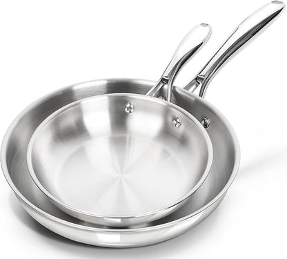 MICHELANGELO Stainless Steel Frying Pan Set, 8" 10" Cooking Pan set with Triply Base, Stainless Steel Skillet with Ergonomic Handle, Induction Compatible