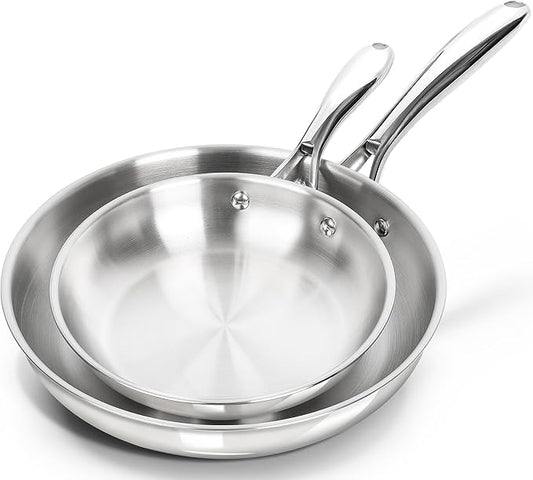 MICHELANGELO Stainless Steel Frying Pan Set, 8" 10" Cooking Pan set with Triply Base, Stainless Steel Skillet with Ergonomic Handle, Induction Compatible