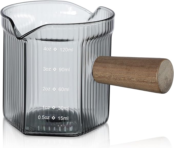 Joeyan 4 oz Grey Double Spouts Measuring Triple Pitcher Milk Cup with Wood Handle,Ribbed High Borosilicate Glass Measuring Cup, Espresso Shot Glasses by JoeyanHousehold