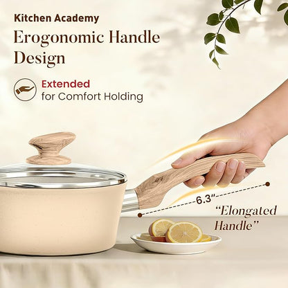Kitchen Academy 12-Piece Induction Cookware Set, Nonstick Granite Pots and Pans in Beige - Image 5
