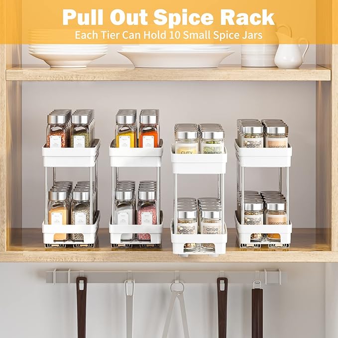 Pull Out Spice Rack Organizer for Cabinet, 2 Pack Slide Out Spice Racks Organizer, Spice Cabinet Organizers, Cabinet Size Need:12'' Highx11'' Deepx5'' Wide,Hold 10 Spice Jar Each Tier-2Tier, White - Image 8