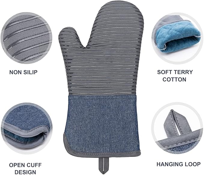 Yutat Oven Mitts, Pot Holders Set of 4 Made with Pure Cotton and Food Grade Non-Slip Silicone - 500 F Heat Resistant Oven Mitts and Pot Holders Sets for Kitchen Cooking (4pcs Set, Grey and Denim) - Image 3