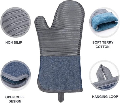Yutat Oven Mitts, Pot Holders Set of 4 Made with Pure Cotton and Food Grade Non-Slip Silicone - 500 F Heat Resistant Oven Mitts and Pot Holders Sets for Kitchen Cooking (4pcs Set, Grey and Denim) - Image 3