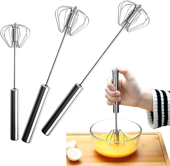 3 Pack Stainless Steel Egg Whisk, Hand Push Rotary Whisk Blender, Versatile Easy Whisk, Hand Push Mixer Stirrer for Beating Eggs, Frothing Milk, Blending, Mixing, Whipping Smoothies & Shakes by SSydl