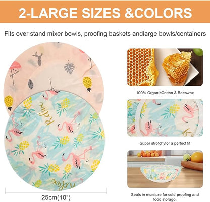 Reusable Bowl Covers for Bread Proofing（2 Large）- Cotton Beeswax Bowl Covers Reusable with Elastic Rim, Sourdough Bowl Cover for Food Storage and Food Preservation (10INCH) (flamingos)