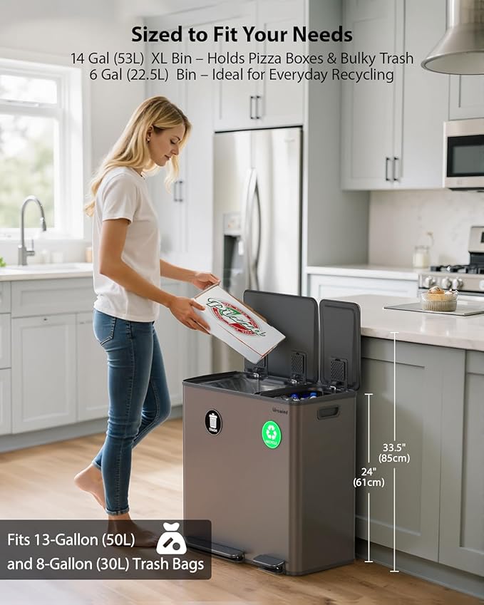 Lovewind Dual Trash Can, 14 + 6 Gallon Garbage Can for Kitchen Dual Compartment Recycling Kitchen Step Trash Bin, Stainless Steel Trash and Recycle Bin Combo with Soft-Close Lid, Brown - Image 2