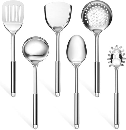 E-far 6-Piece Cooking Utensils Set, Stainless Steel Kitchen Utensils, Metal Heat Resistant Kitchen Tools Set Including Spoon, Soup Ladle, Slotted/Solid Turner, Skimmer, Pasta Server, Dishwasher Safe by E-far