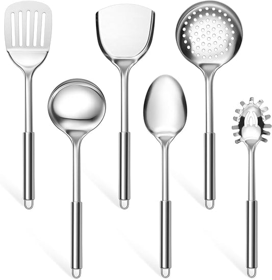 E-far 6-Piece Cooking Utensils Set, Stainless Steel Kitchen Utensils, Metal Heat Resistant Kitchen Tools Set Including Spoon, Soup Ladle, Slotted/Solid Turner, Skimmer, Pasta Server, Dishwasher Safe by E-far