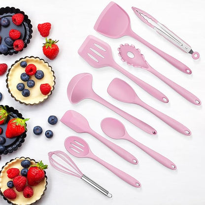 Silicone Cooking Utensils Set of 10, Leonyo Black Kitchen Utensils Set for Cooking, 446°F Heat Resistant Silicone Kitchen Tools with Turner Spatula, Soup Ladle, Spoons for Nonstick Cookware, Pink