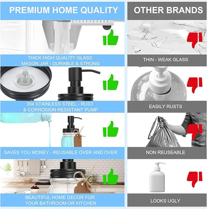 Premium Quality Mason Jar Soap Dispenser - Black 16 Ounce - Made from Rust Proof Stainless Steel – Dish and Hand Soap Dispenser – Ideal for Kitchen Dish Soap, Bathroom Soap