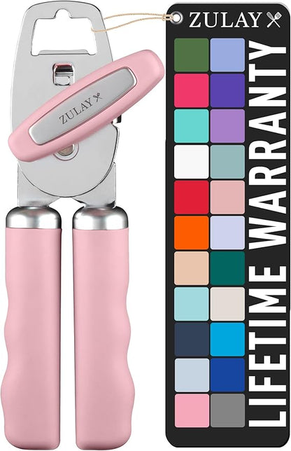 Zulay Kitchen Heavy Duty Stainless Steel Can Opener Manual with Bottle Opener - Rust Proof Manual Can Opener With Turn Knob & Comfy Soft Grip Handles - Light Pink by ZulayKitchen