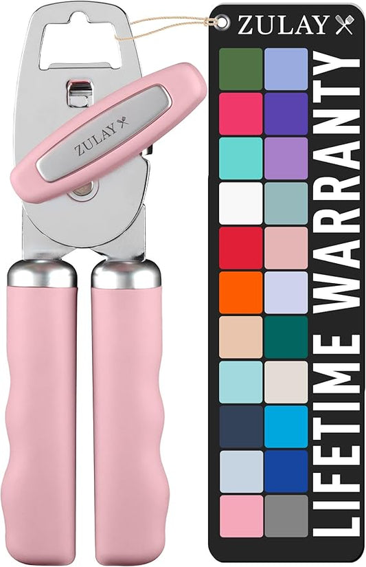 Zulay Kitchen Heavy Duty Stainless Steel Can Opener Manual with Bottle Opener - Rust Proof Manual Can Opener With Turn Knob & Comfy Soft Grip Handles - Light Pink by ZulayKitchen