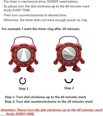 Kitchen Timer, 60 Minutes Countdown Cooking Teaching Egg Potty Training Wind Up Cute Timeout Timer No Battery （Red）