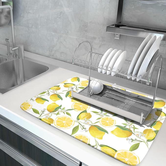 Lemon Dish Drying Mat for Kitchen Counter Spring Summer Microfiber Absorbent Dish Draining Reusable Washable Foldable Extra Large 18"x24" - Image 5
