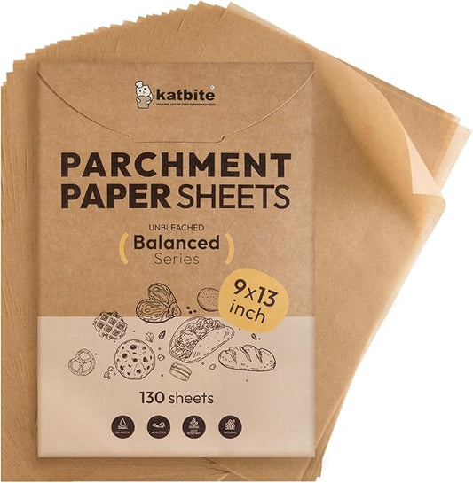 Katbite 130 Pcs Parchment Paper Sheets, 9x13 Inches Unbleached Baking Paper Non-Stick for Gently Baking, Pre-cut Parchment Paper Suitable for Baking, Cooking,Air Fryer [Balanced Series] by katbite