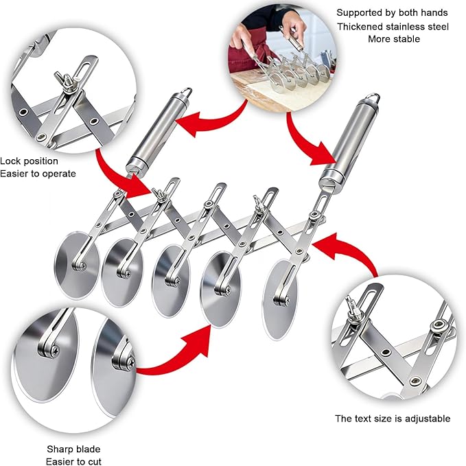 5-Wheel Pastry Cutter & Dough Divider - Adjustable Heavy Duty Stainless Steel Tool for Cinnamon Rolls, Brownies, Lattice, Pasta, Pizza | Achieve Perfect, Even Cuts Every Time - Image 2