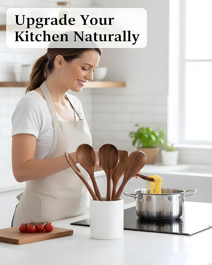 6-Piece Natural Teak Wood Utensil Set - Compact Nonstick Cooking Spoons & Spatulas, Durable Wooden Tools - Image 7