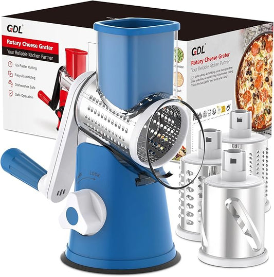 Cheese Grater Rotary, Rotary Grater for Kitchen, Kitchen Grater Vegetable Slicer with 3 Drum Blades, Fast Cutting Cheese Shredder for Vegetables and Nuts by GDL