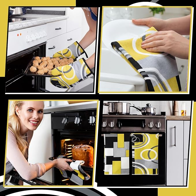 Jingmore 6 Pcs Kitchen Decor Set Accessory Farmhouse Kitchen Towels Pot Holders Oven Mitts Set 2 Dish Towels 2 Pot Holders 2 Cooking Mittens Oven Glove for Cooking(Black, Yellow, Gray,Geometric) - Image 5