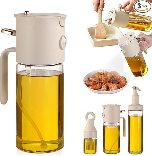 580ml/19.6oz Olive Oil Sprayer Bottle for cooking, 3-in-1 Oil dispenser Bottle + FREE 2-Piece Kitchen gadgets (Basting Brush & Spice Shaker) - Perfect for kitchen, Air Fryer, Baking, BBQ & Salad.
