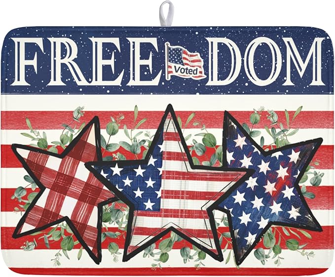 4th of July Dish Drying Mat 24x18 Inch, Patriotic Drying Mat with Absorbent Reversible Microfiber, Independence Day Dish Drainer Mats Memorial Day Rack Pad for Coffee Countertop Kitchen Protector