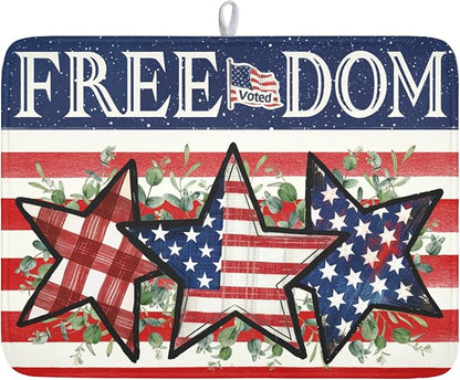 4th of July Dish Drying Mat 24x18 Inch, Patriotic Drying Mat with Absorbent Reversible Microfiber, Independence Day Dish Drainer Mats Memorial Day Rack Pad for Coffee Countertop Kitchen Protector
