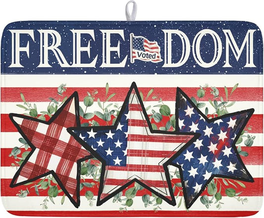 4th of July Dish Drying Mat 24x18 Inch, Patriotic Drying Mat with Absorbent Reversible Microfiber, Independence Day Dish Drainer Mats Memorial Day Rack Pad for Coffee Countertop Kitchen Protector