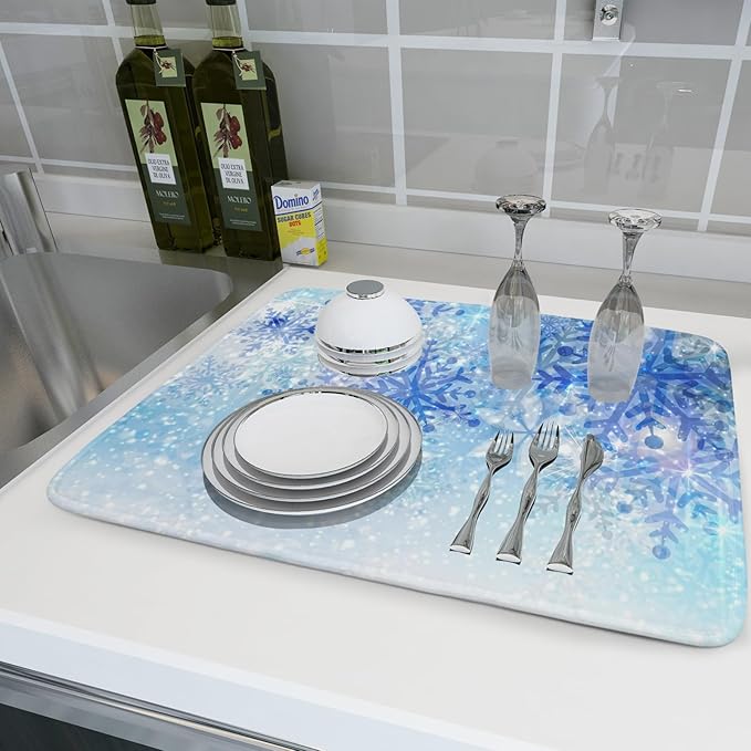 Giwawa 18"x24" Winter Blue Snowflakes Dish Drying Mat Christmas Snow Falling Nature Ice Dish Drainer Mats for Kitchen Microfiber Reversible Dish Drying Rack Pad for Countertop Tabletop Decor