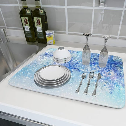 Giwawa 18"x24" Winter Blue Snowflakes Dish Drying Mat Christmas Snow Falling Nature Ice Dish Drainer Mats for Kitchen Microfiber Reversible Dish Drying Rack Pad for Countertop Tabletop Decor