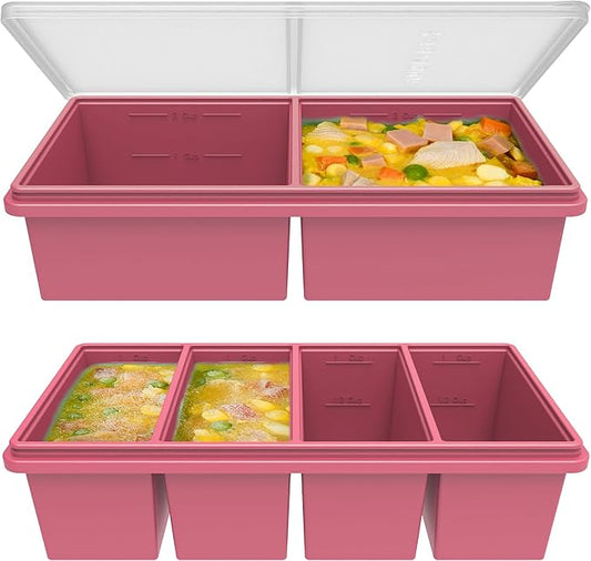 Silicone Freezer Trays with Lids, 2 Cup & 1 Cup Soup Container Style Ice Cube Trays, Easily prepare portioned meals, Great for storing soups, leftovers, sauces and other dishes, Dishwasher, Oven Safe