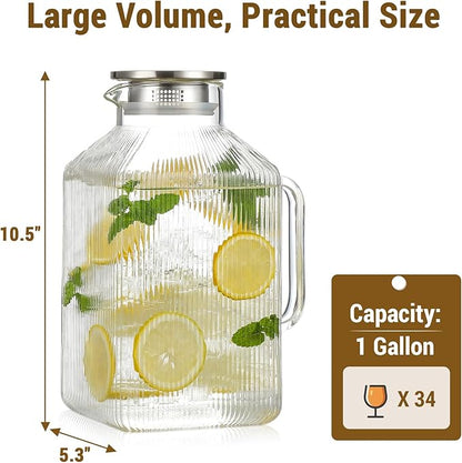1 Gallon thickened Square Glass Pitcher with Lid, Classic Stripes Water Pitchers for Fridge, Borosilicate Glass Carafe for Hot/Cold Brew Drink, Extra Large Jug with Handle for Iced Tea, Coffee, Juice - Image 3