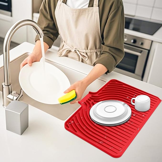 Dish Drying Mat for Kitchen Counter, with Built-in Drain Lip, Food-Grade Silicone, Easy Clean Pad for Countertop Protection, Multi-Functional Use (18x11.8, Red) - Image 6